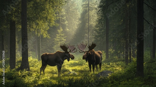 Two Moose in a Sunlit Forest Clearing photo