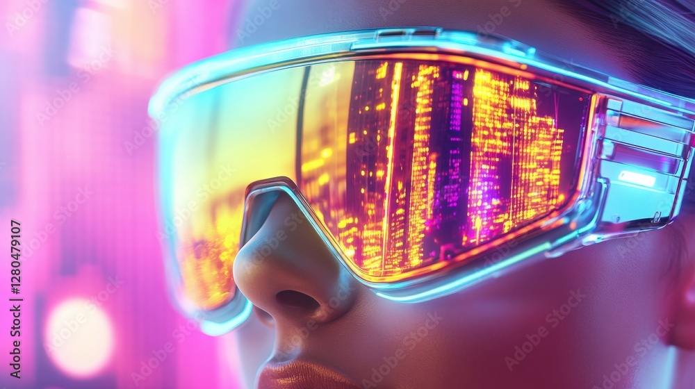 Neon-tinted futuristic visor glasses on a cyberpunk model, vibrant city lights reflecting Neon-tinted futuristic visor glasses on a cyberpunk model, vibrant city lights reflecting
