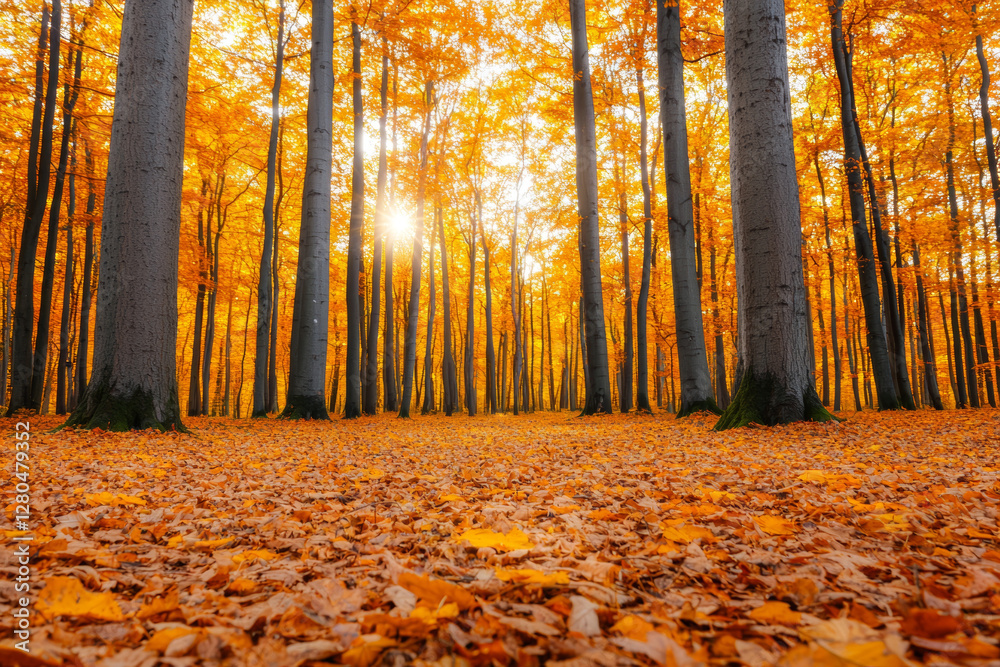 Obraz premium Golden autumn leaves scenery. Golden autumn grove with sunlight streaming through dense trees, creating warm atmosphere