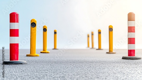 Colorful bollards lining a smooth asphalt road under a bright sky, creating a safe pathway photo