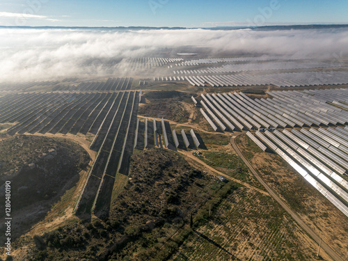 Solar energy infrastructure in Teruel, Zaragoza, Spain, enveloped by fog, symbolizing clean energy resilience.