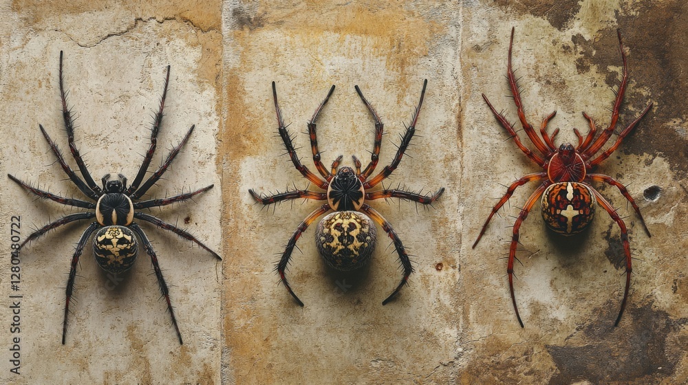 Three Spiders on a Brown Stone Background Three Spiders on a Brown Stone Background
