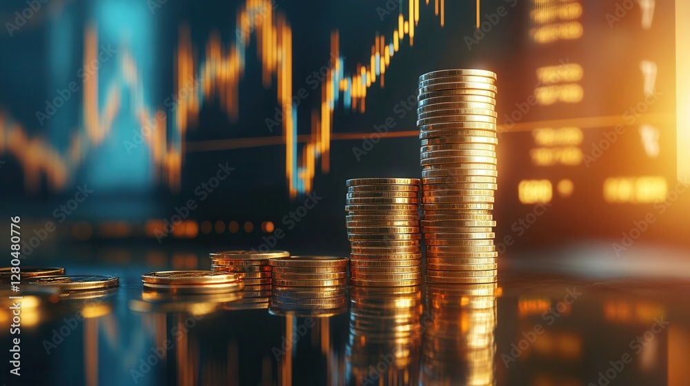 Stacks of Coins on a Reflective Surface with Financial Graphs Background Stacks of Coins on a Reflective Surface with Financial Graphs Background