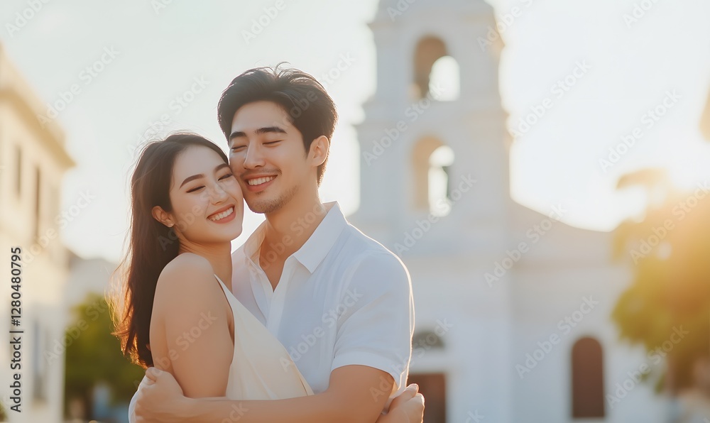 Stylish urban couple posing playfully in front of church, Generative AI Stylish urban couple posing playfully in front of church, Generative AI