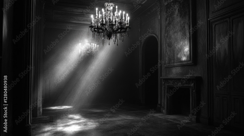 Fototapeta premium Ethereal illumination in a grand, monochrome room with chandeliers