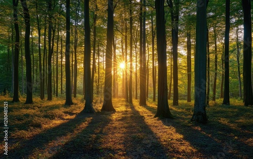 Fototapeta Naklejka Na Ścianę i Meble -  Sunlight streams through forest canopy at sunset