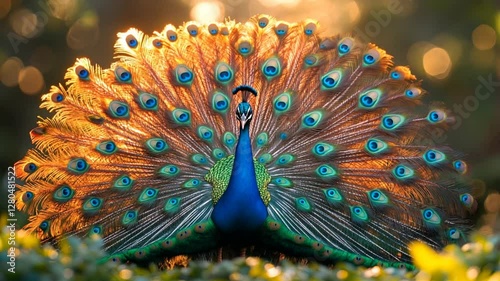 Majestic peacock displaying vibrant plumage in sunlit garden.
