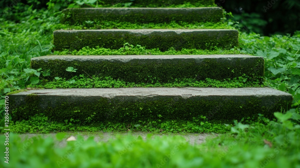 Moss-covered stone steps in lush greenery Moss-covered stone steps in lush greenery