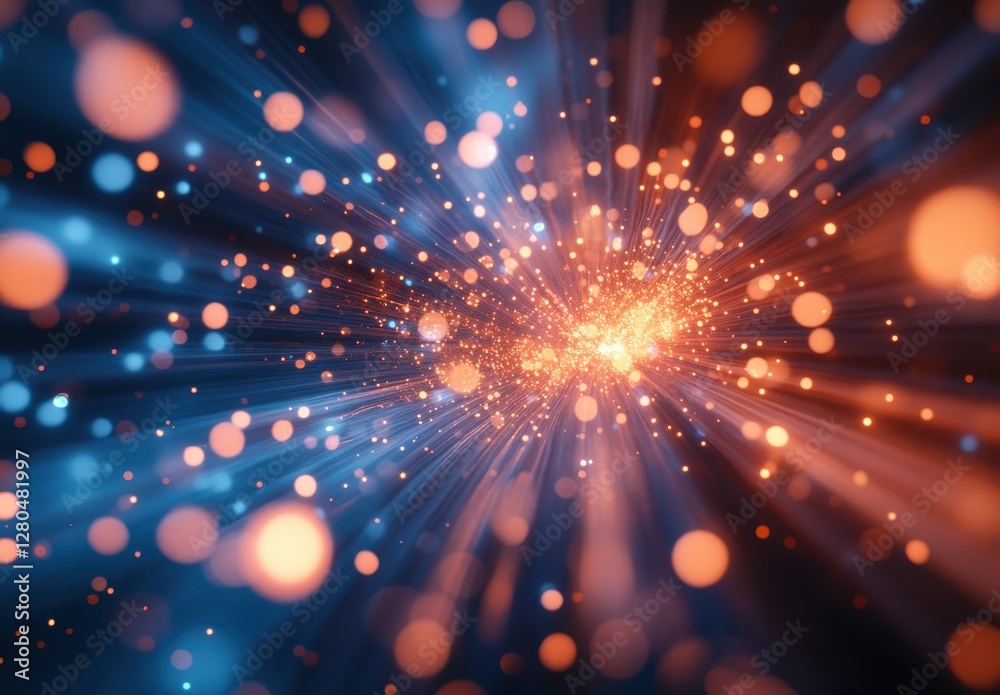 Fototapeta premium Vibrant Blue and Orange Light Rays with Sparkling Particles Creating a Stunning Abstract Background for Creative Projects and Modern Designs