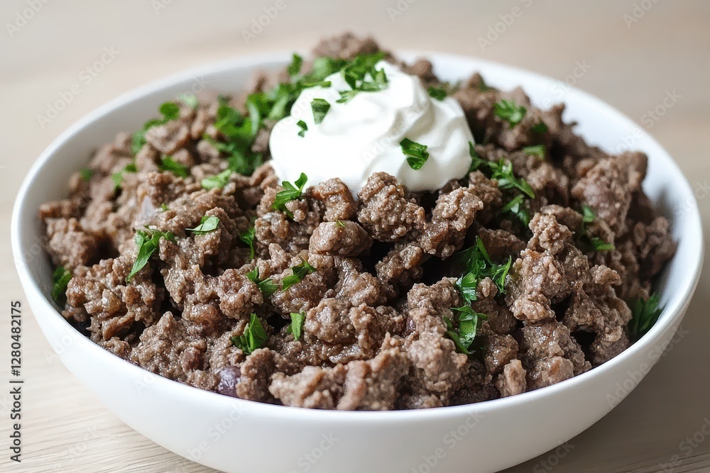 Savory Ground Meat Dish Topped with Creamy Sauce and Fresh Herbs Savory Ground Meat Dish Topped with Creamy Sauce and Fresh Herbs