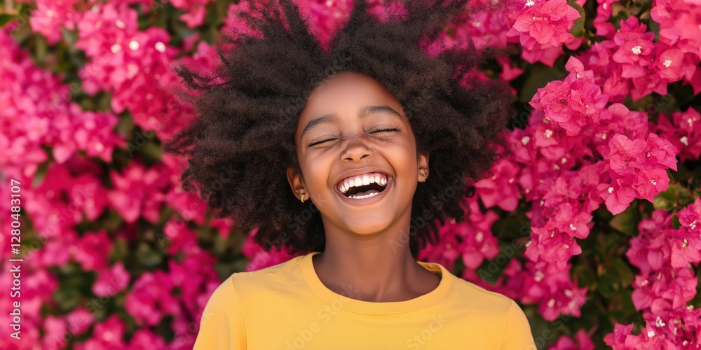 A young girl with curly hair is smiling and laughing while standing in front of a pink bush. Concept of joy and happiness, as the girl appears to be enjoying her time outdoors A young girl with curly hair is smiling and laughing while standing in front of a pink bush. Concept of joy and happiness, as the girl appears to be enjoying her time outdoors