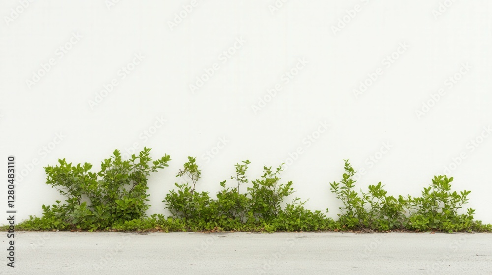 Fototapeta premium Green bushes growing along white wall in minimal outdoor setting