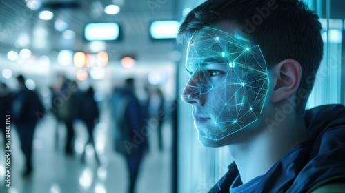 A traveler using biometric facial recognition to check