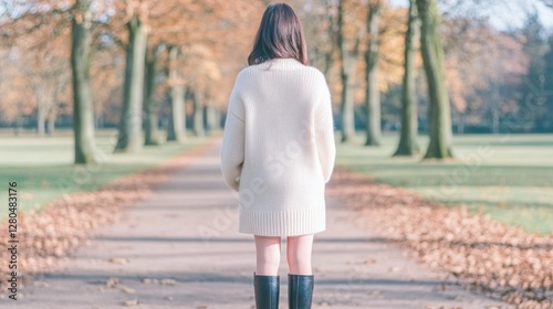 Young caucasian female walking on tree-lined path in autumn photo