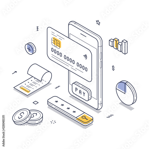 Digital payment processes are represented in an isometric design, featuring a smartphone, credit card, and various financial elements. Convenience of online transactions. Line art vector illustration