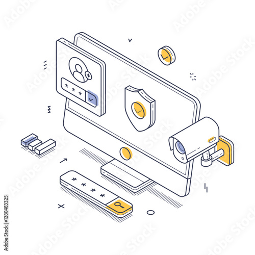 Digital security concept with a computer monitor showcasing user login elements, a camera for monitoring, and security icons. It conveys a focus on cybersecurity. Modern line art vector illustration