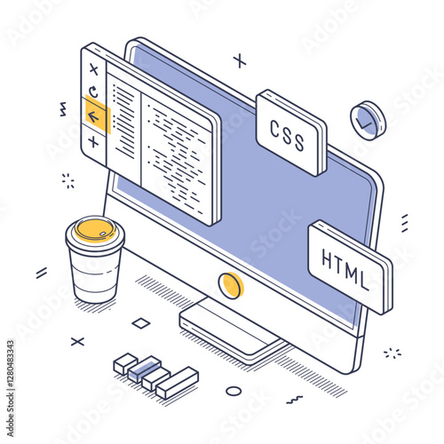 Computer displaying code with CSS and HTML icons, surrounded by design elements like a coffee cup and additional graphic symbols. Perfect for coding themes. Isometric line art ilustration