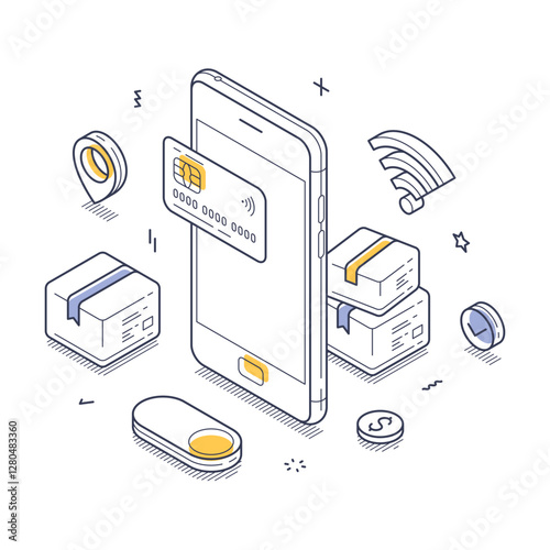 Mobile apps facilitate quick transactions with credit cards and packages depicted in isometric style. Elements include a smartphone, payment card, and parcels, representing digital commerce.