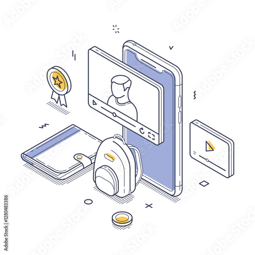 Digital learning tools, featuring a smartphone with a video lecture, a backpack, and interactive icons for online education. Modern isometric line art vector illustration
