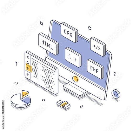 Digital workspace with a computer, showcasing various web development tools and coding elements like HTML, CSS, and PHP. A pie chart adds data analysis context. Isometric line art vector illustration