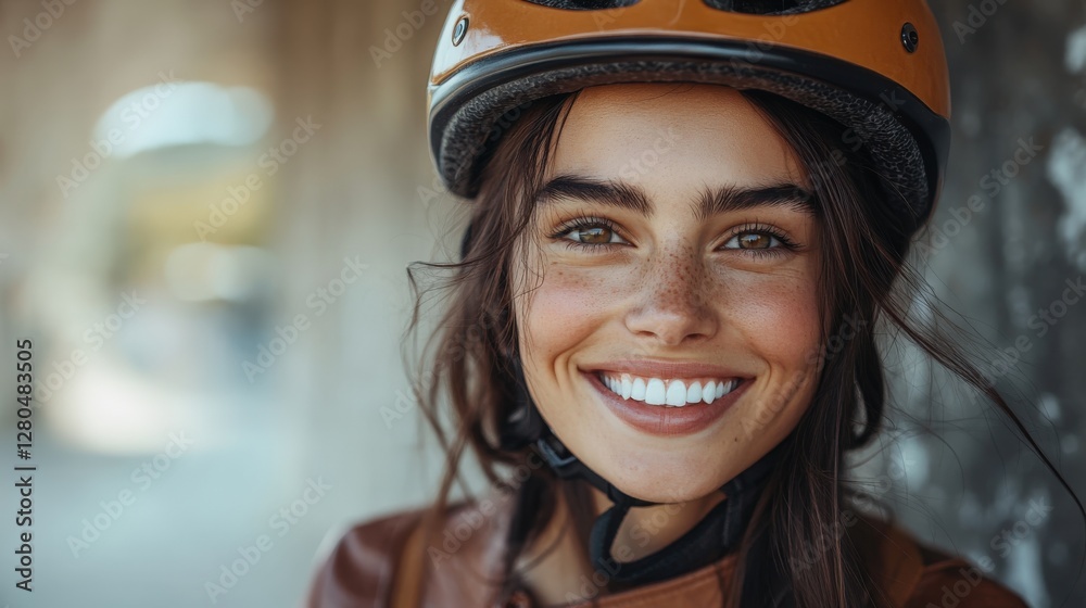 Joyful moment shared by a woman with dark hair wearing a helmet in an outdoor setting Joyful moment shared by a woman with dark hair wearing a helmet in an outdoor setting