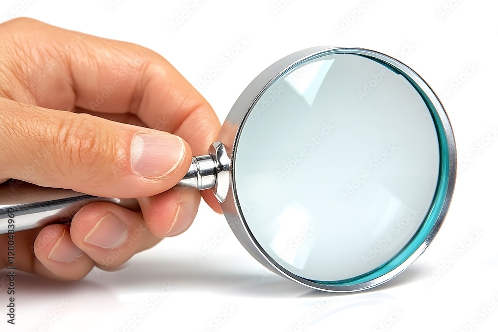 Hand holding magnifying glass on white background. Possible use Educational material, scientific illustrations, or general stock photography Hand holding magnifying glass on white background. Possible use Educational material, scientific illustrations, or general stock photography