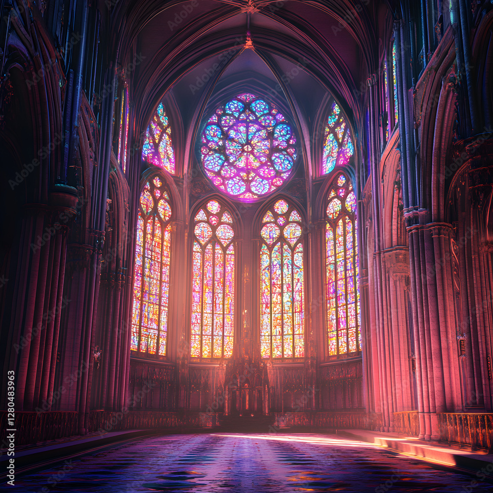 Stained-Glass Sanctuary: A mesmerizing view of an interior gothic cathedral bathed in the ethereal glow of colored light filtering through its intricate stained-glass windows. Stained-Glass Sanctuary: A mesmerizing view of an interior gothic cathedral bathed in the ethereal glow of colored light filtering through its intricate stained-glass windows.