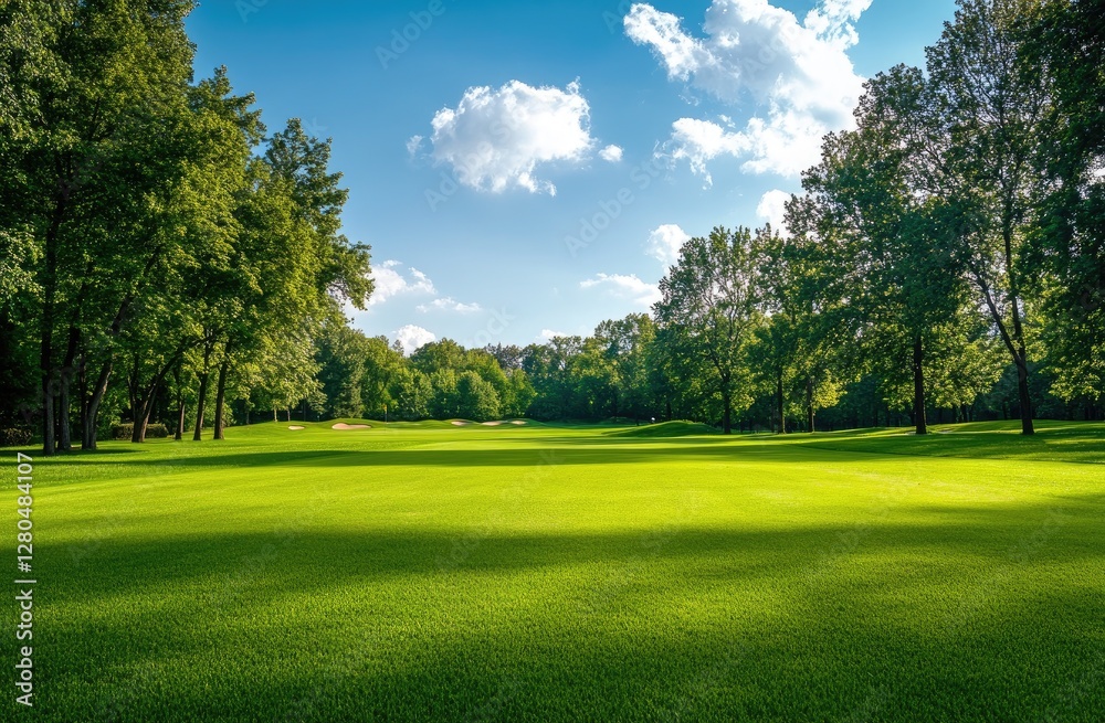 Sunny golf course fairway with lush trees and sky Sunny golf course fairway with lush trees and sky