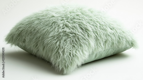 Fluffy mint green faux sheepskin pillow with soft curls on white background