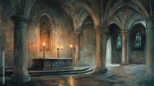 Ethereal glow in ancient crypt illuminates solemn architecture photo