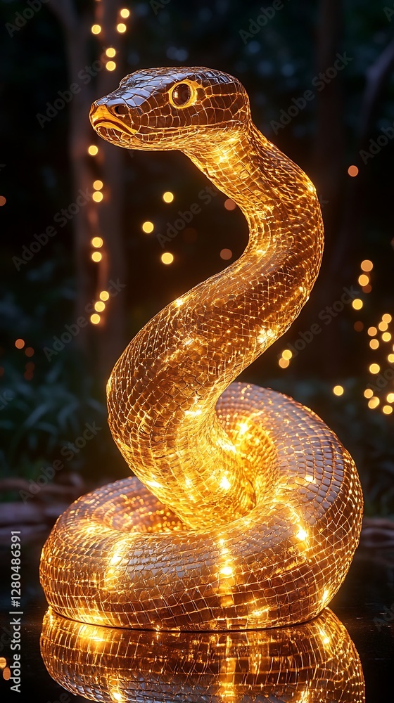Fototapeta premium Illuminated snake sculpture in a garden at night