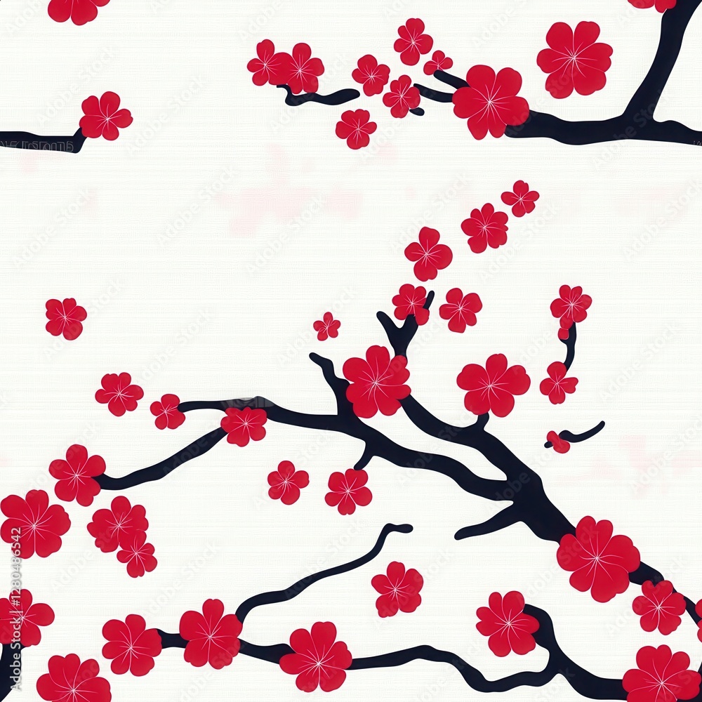 A vibrant design featuring red flowers on dark branches against a white background, evoking a sense of elegance and natural beauty. A vibrant design featuring red flowers on dark branches against a white background, evoking a sense of elegance and natural beauty.