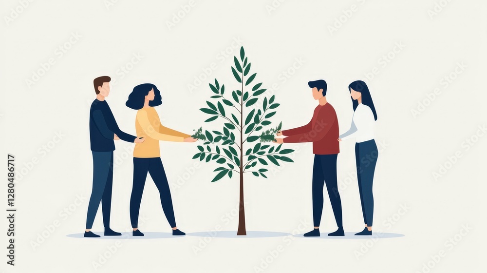 Fototapeta premium Diverse group of young adults tending to a tree together as a symbol of unity and growth