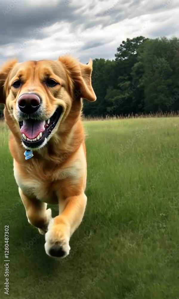 Happy dog running through a green field under cloudy sky Happy dog running through a green field under cloudy sky