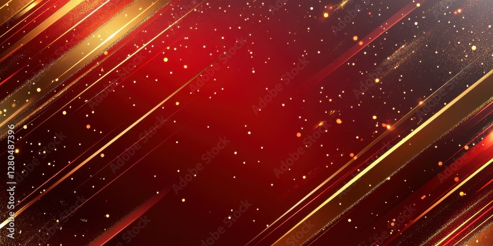 Fototapeta premium Vibrant Red and Gold Abstract Background with Diagonal Lines and Sparkling Dots for Dynamic Designs or Festive Celebrations