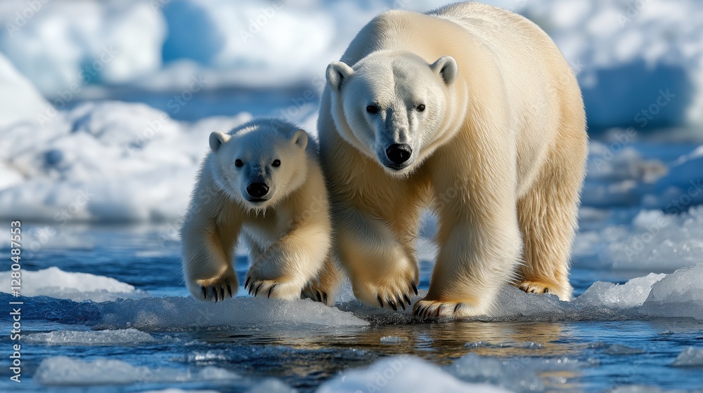 Polar bear mother and cub walking through icy waters Polar bear mother and cub walking through icy waters