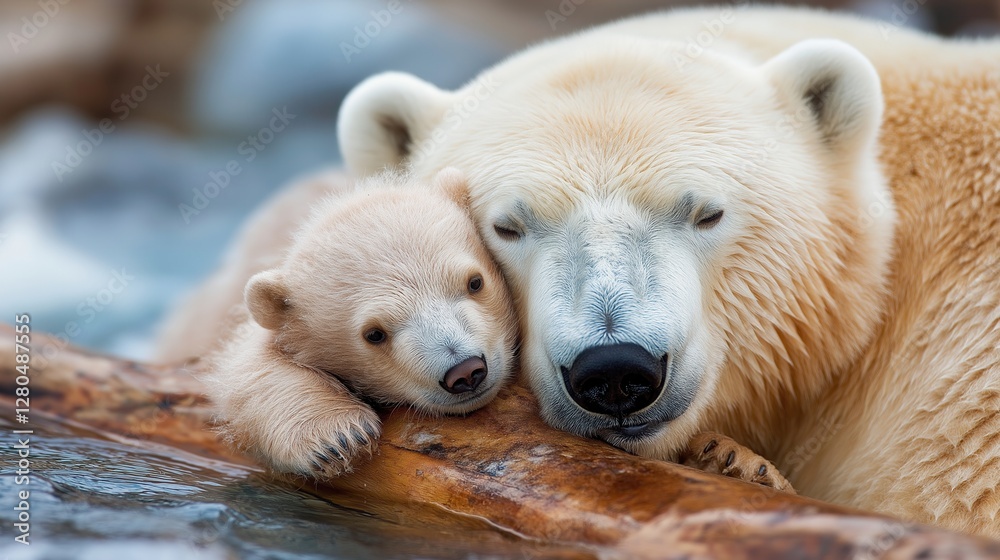 Polar bear mother and cub walking through icy waters Polar bear mother and cub walking through icy waters