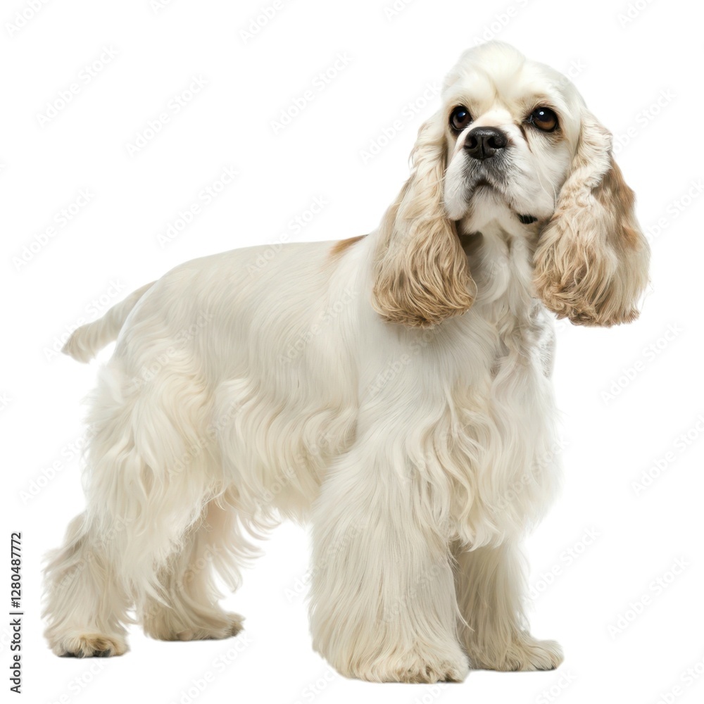 American Cocker Spaniel Small white dog standing on white background cute puppy portrait in studio adorable pet photography canine friend American Cocker Spaniel Small white dog standing on white background cute puppy portrait in studio adorable pet photography canine friend
