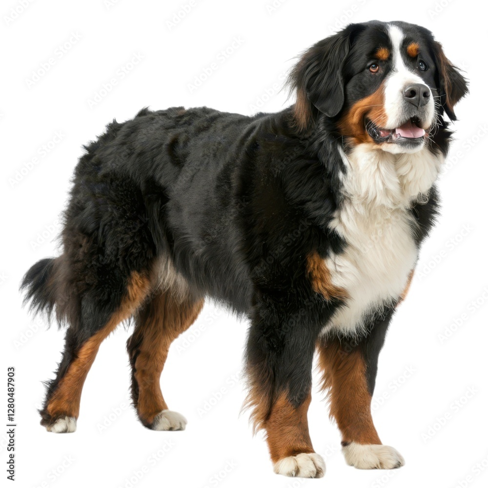 Bernese Mountain Dog Large black and brown dog standing on a white background canine portrait with clear features and sharp details Bernese Mountain Dog Large black and brown dog standing on a white background canine portrait with clear features and sharp details