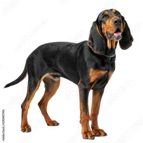 Black and Tan Coonhound Black and tan dog standing proudly on a white background showcasing its unique coat and playful personality traits
