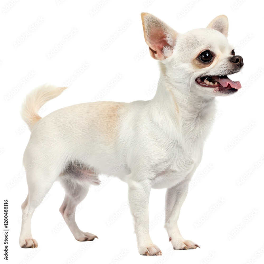 chihuahua Small white dog standing on a white surface cute pet portrait captured in bright minimalist studio environment chihuahua Small white dog standing on a white surface cute pet portrait captured in bright minimalist studio environment