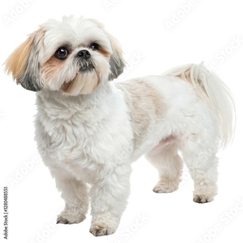 Shih Tzu Small white dog standing proudly on a white surface cute pet portrait animal photography adorable canine companion