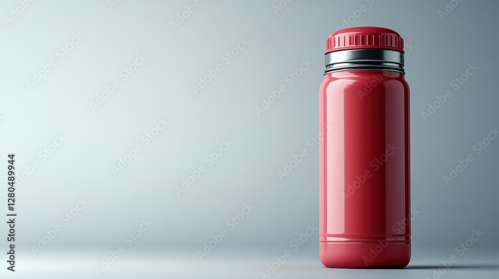 Modern thermos mockup in vibrant red color on a white background with ample space Modern thermos mockup in vibrant red color on a white background with ample space