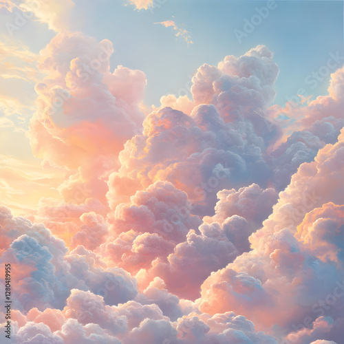 Heavenly Cloudscape: A vibrant, uplifting photograph showcasing fluffy, pastel-colored clouds floating gently in a bright blue sky, invoking a sense of peace and wonder.