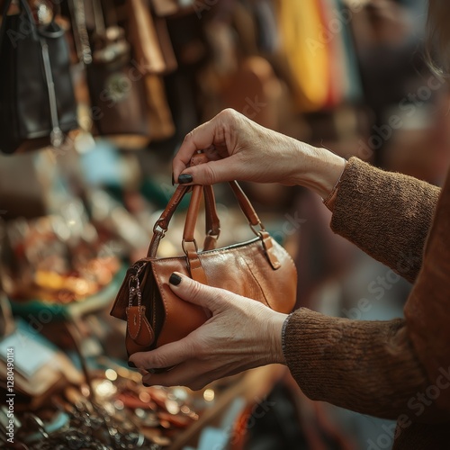 Woman browsing leather handbags at a vintage market.