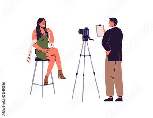 Journalist communicates with guest is sitting on stool. Host of TV show talks to woman. Cameraman films interview with video camera. Journalism. Flat isolated vector illustration on white background