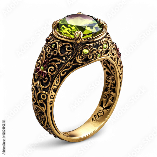 Ornate gold ring with green gemstone and intricate filigree design photo