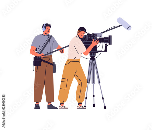 Cameraman and soundman shooting movie. Videographer films TV show, reportage with camera. Video operator with videocamera, sound engineer with microphone. Flat isolated vector illustration on white