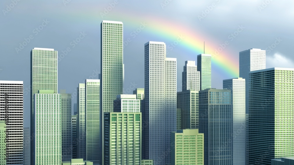 Urban Skyline with Rainbow Over Modern Skyscrapers and Sunny Sky After Rainstorm in Vibrant City Landscape Urban Skyline with Rainbow Over Modern Skyscrapers and Sunny Sky After Rainstorm in Vibrant City Landscape