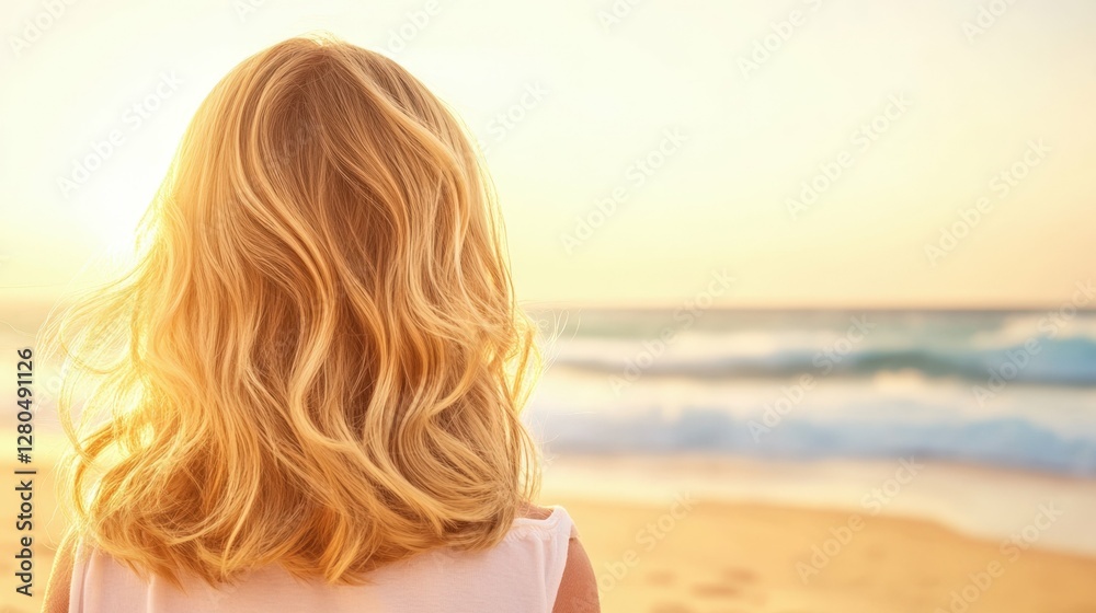 Blonde caucasian child looking at ocean waves at sunset beach Blonde caucasian child looking at ocean waves at sunset beach